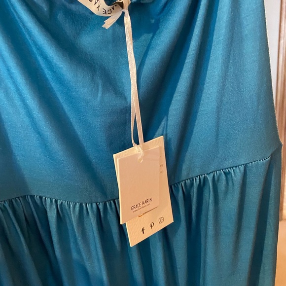 Medium blue rouched cotton tube dress with pockets - Picture 1 of 2